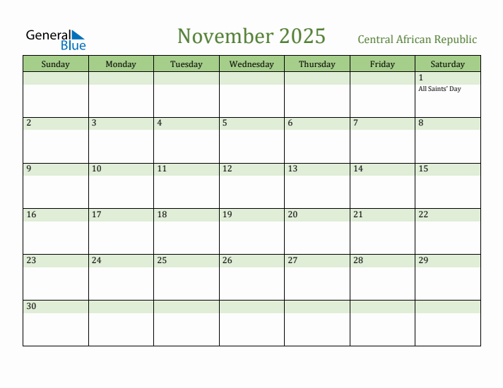 November 2025 Calendar with Central African Republic Holidays