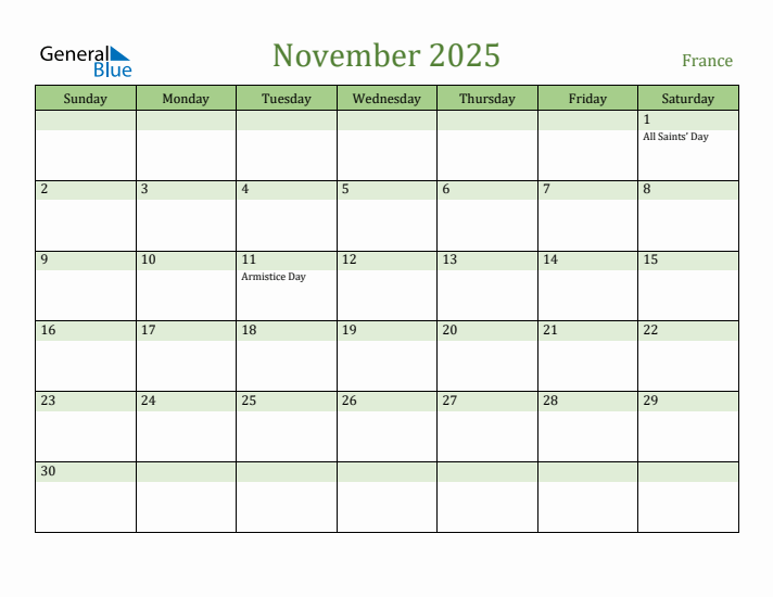 November 2025 Calendar with France Holidays