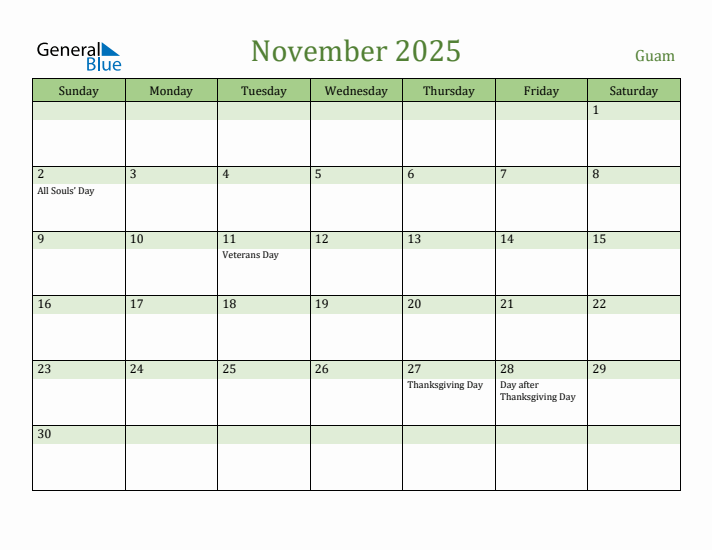 November 2025 Calendar with Guam Holidays