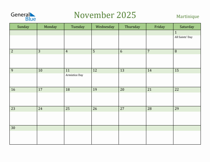 November 2025 Calendar with Martinique Holidays