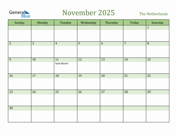 November 2025 Calendar with The Netherlands Holidays