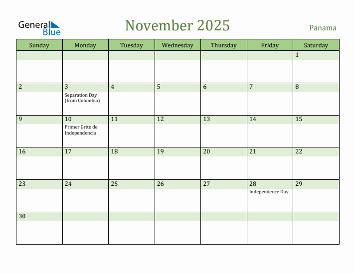 November 2025 Calendar with Panama Holidays