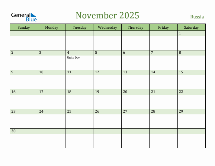 November 2025 Calendar with Russia Holidays