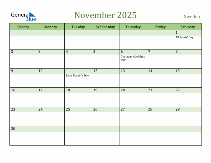 November 2025 Calendar with Sweden Holidays