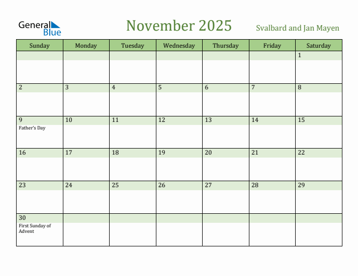 November 2025 Calendar with Svalbard and Jan Mayen Holidays