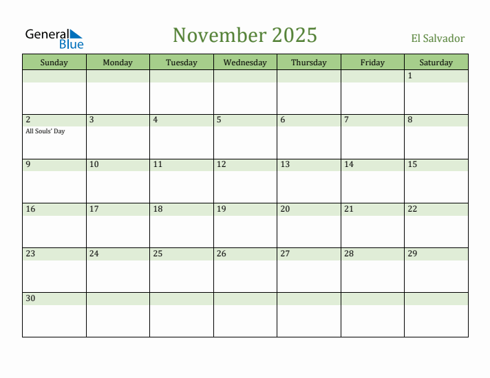 November 2025 Calendar with El Salvador Holidays