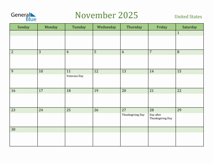 November 2025 Calendar with United States Holidays