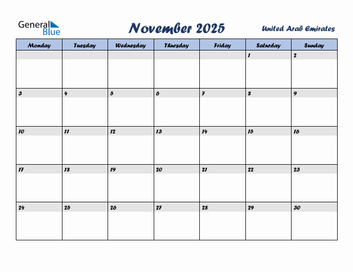 November 2025 Calendar with Holidays in United Arab Emirates