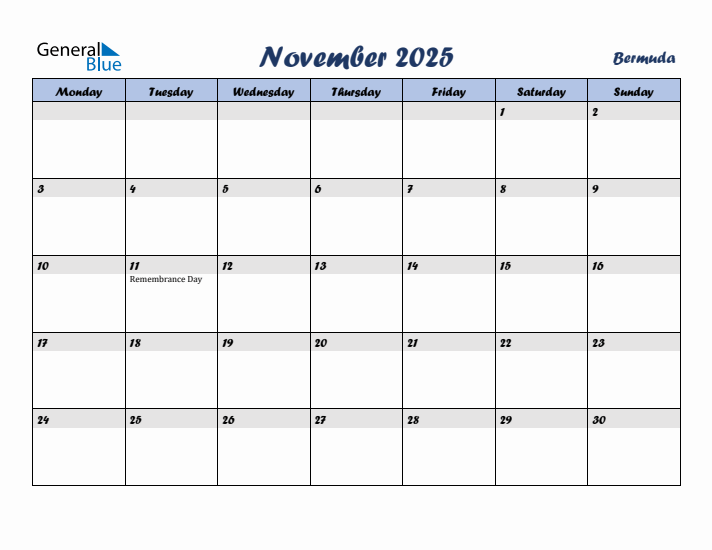 November 2025 Calendar with Holidays in Bermuda