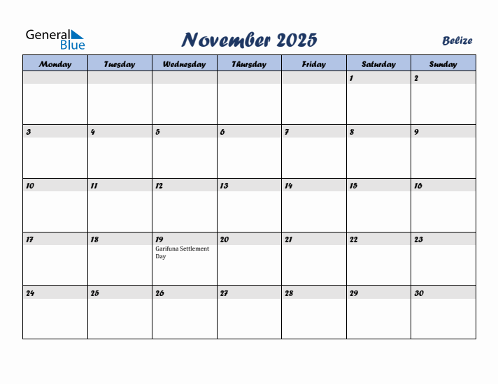 November 2025 Calendar with Holidays in Belize