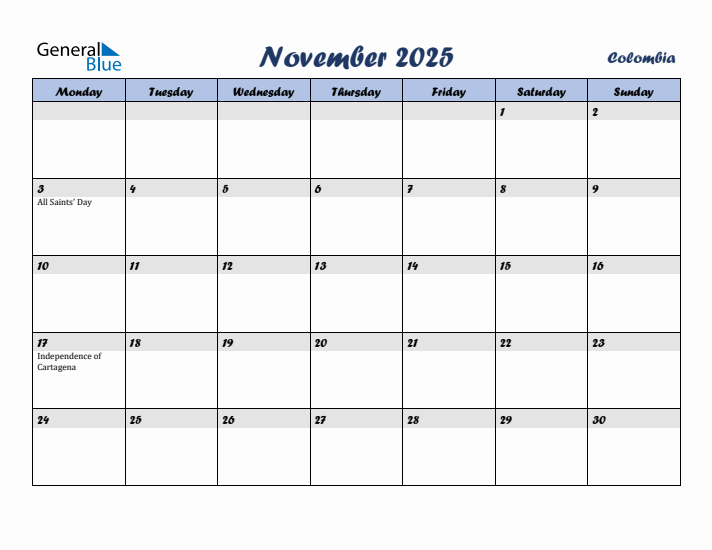 November 2025 Calendar with Holidays in Colombia