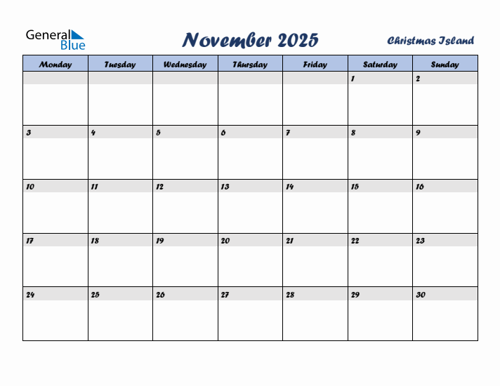 November 2025 Calendar with Holidays in Christmas Island