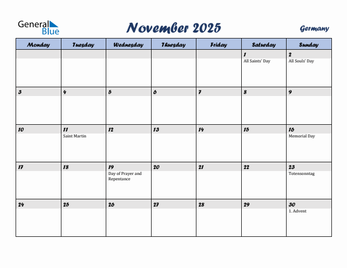 November 2025 Calendar with Holidays in Germany