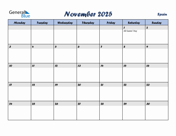 November 2025 Calendar with Holidays in Spain