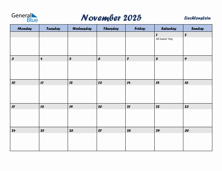 November 2025 Calendar with Holidays in Liechtenstein