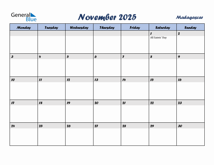 November 2025 Calendar with Holidays in Madagascar