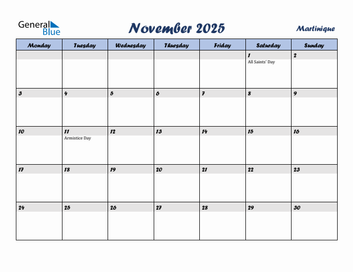 November 2025 Calendar with Holidays in Martinique