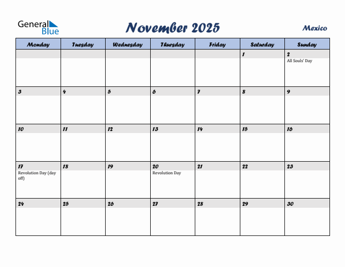 November 2025 Calendar with Holidays in Mexico