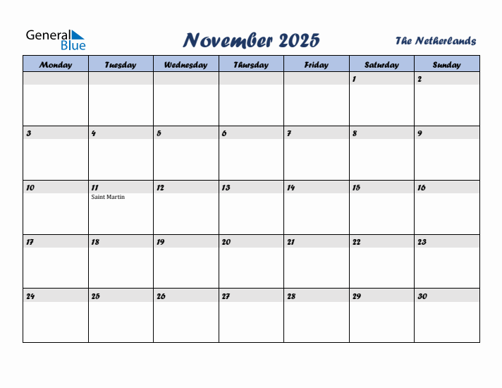 November 2025 Calendar with Holidays in The Netherlands