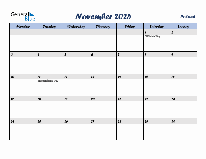 November 2025 Calendar with Holidays in Poland