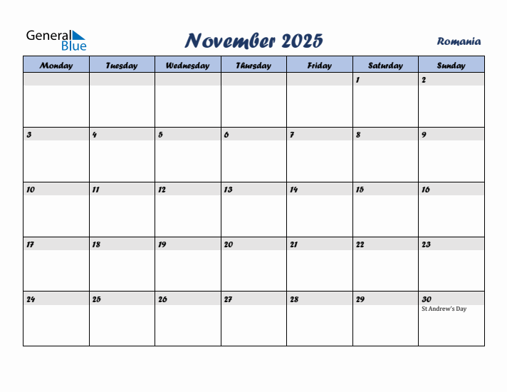 November 2025 Calendar with Holidays in Romania