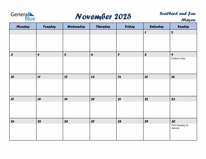 November 2025 Calendar with Holidays in Svalbard and Jan Mayen