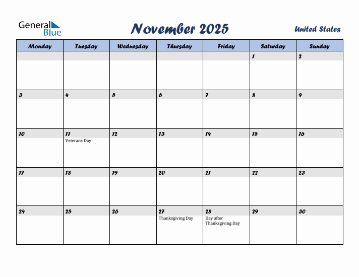 November 2025 Calendar with Holidays in United States