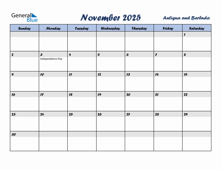 November 2025 Calendar with Holidays in Antigua and Barbuda