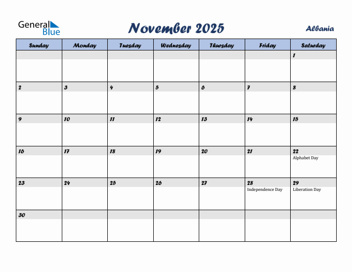 November 2025 Calendar with Holidays in Albania