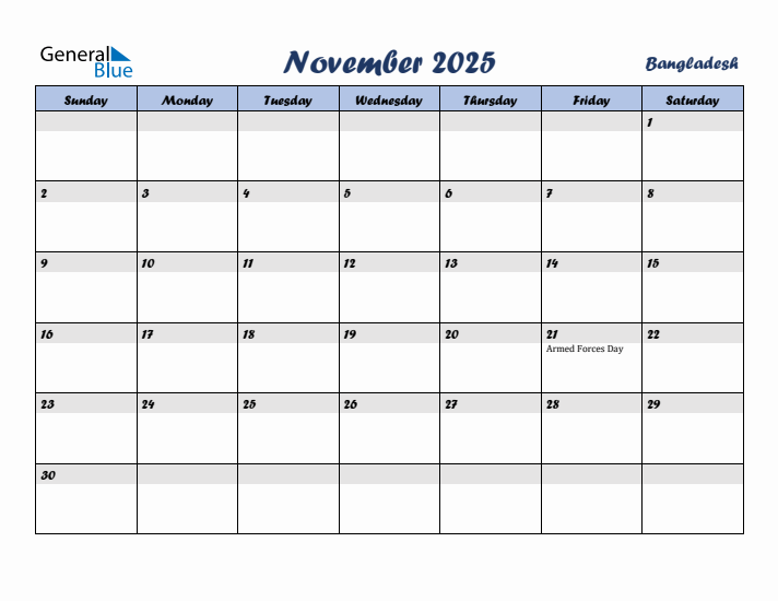 November 2025 Calendar with Holidays in Bangladesh