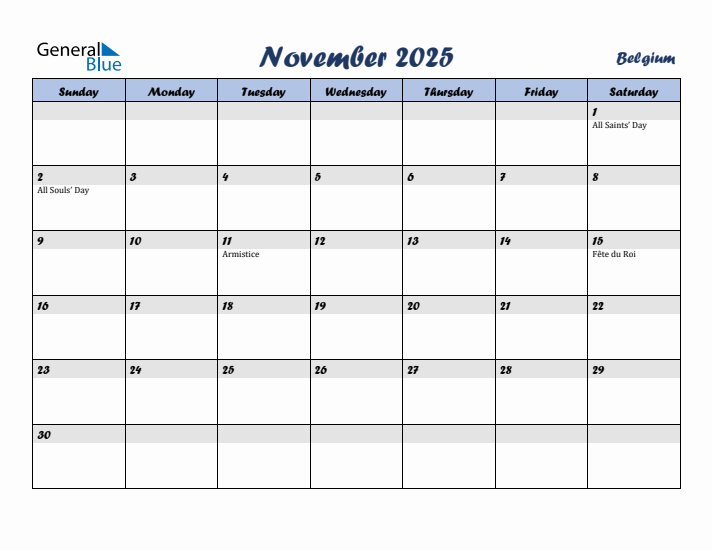 November 2025 Calendar with Holidays in Belgium