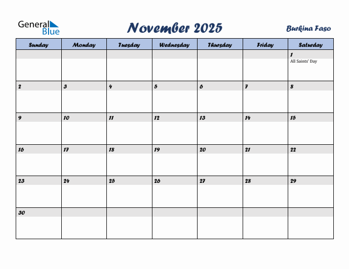 November 2025 Calendar with Holidays in Burkina Faso