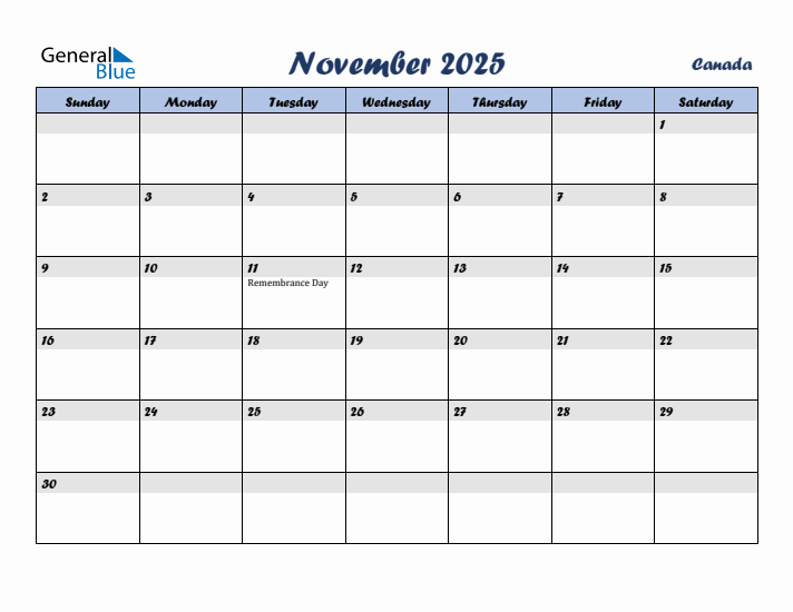 November 2025 Calendar with Holidays in Canada