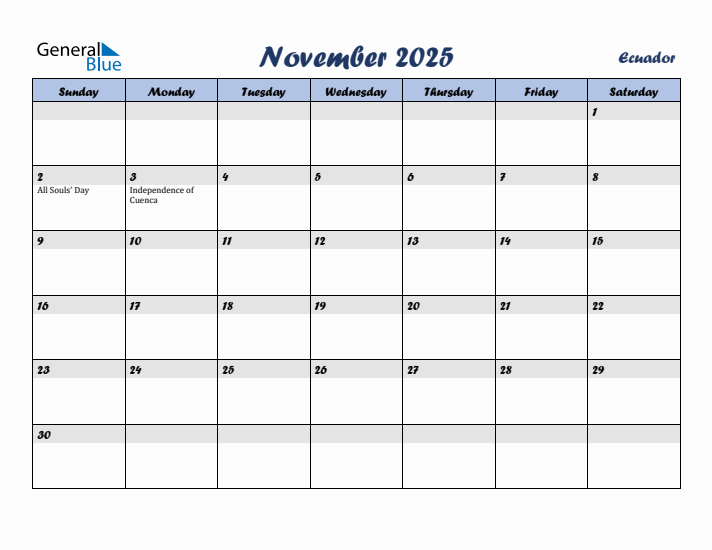 November 2025 Calendar with Holidays in Ecuador