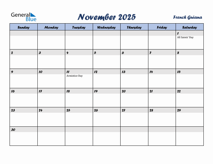 November 2025 Calendar with Holidays in French Guiana