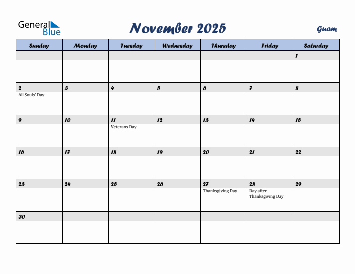 November 2025 Calendar with Holidays in Guam