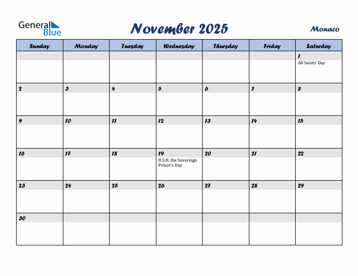 November 2025 Calendar with Holidays in Monaco