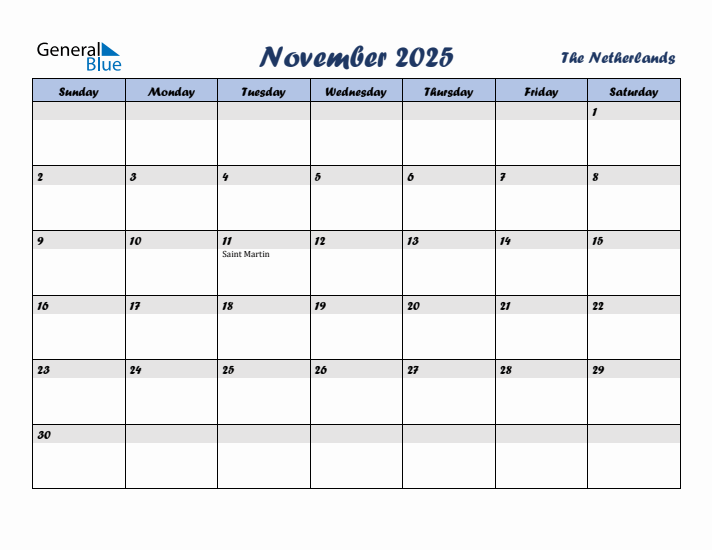 November 2025 Calendar with Holidays in The Netherlands