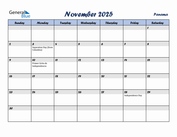 November 2025 Calendar with Holidays in Panama