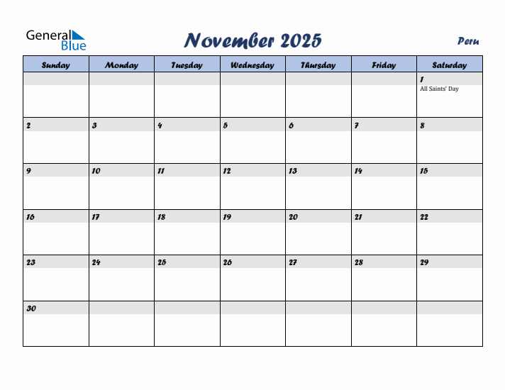 November 2025 Calendar with Holidays in Peru