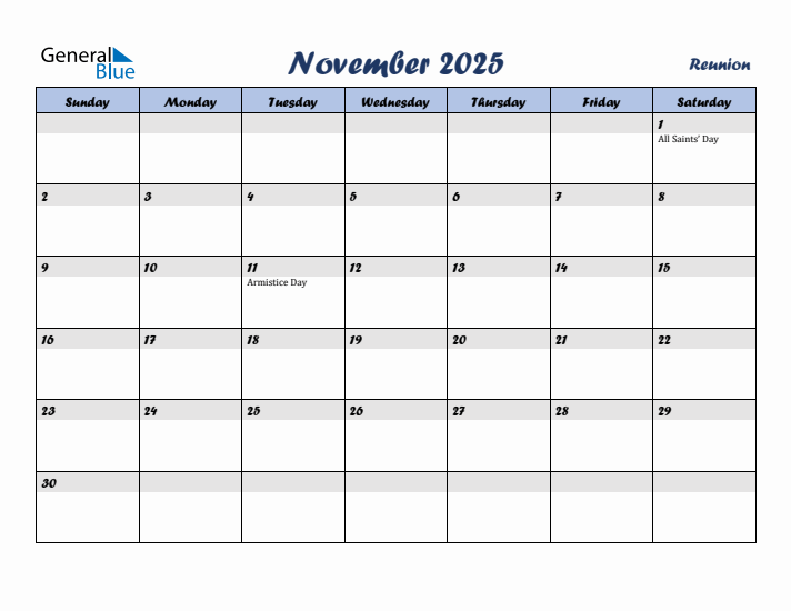 November 2025 Calendar with Holidays in Reunion