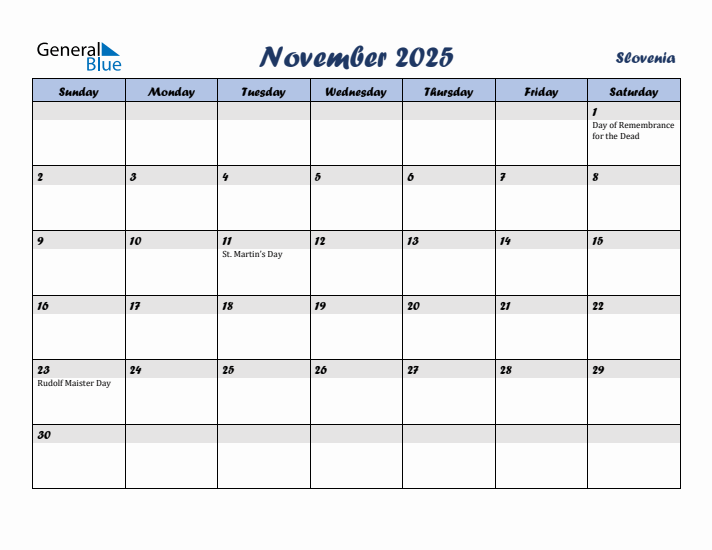 November 2025 Calendar with Holidays in Slovenia