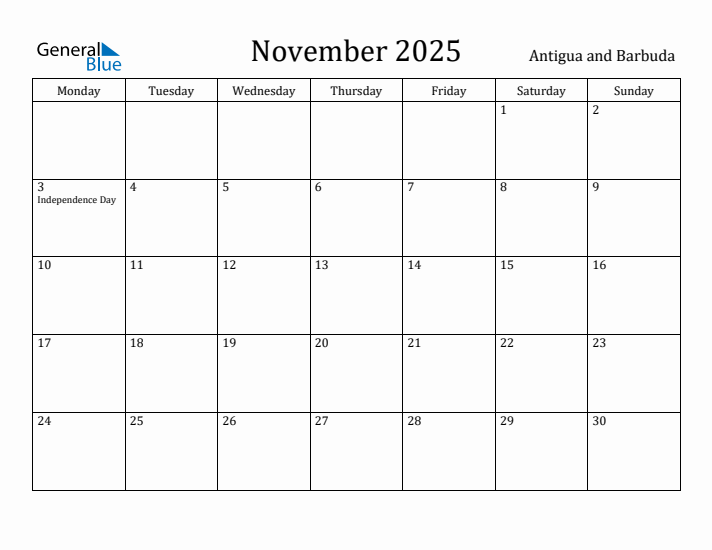 November 2025 Calendar Antigua and Barbuda