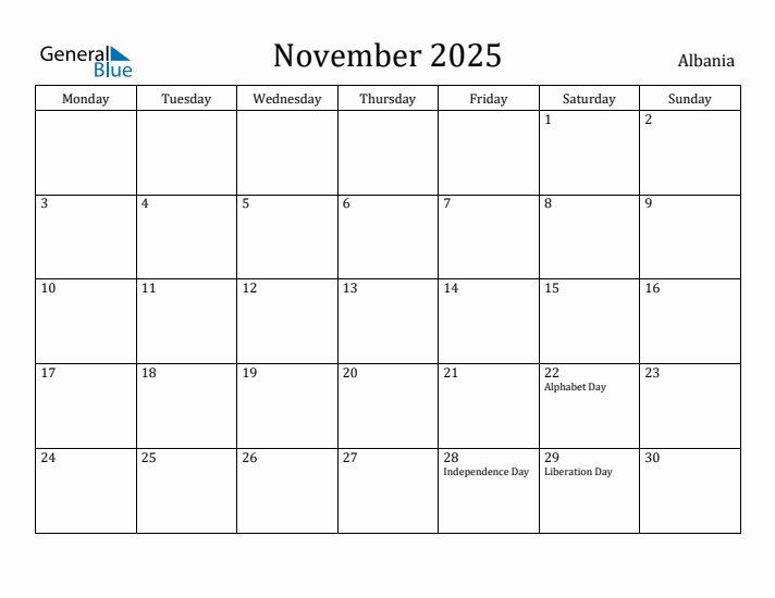 November 2025 Calendar Albania