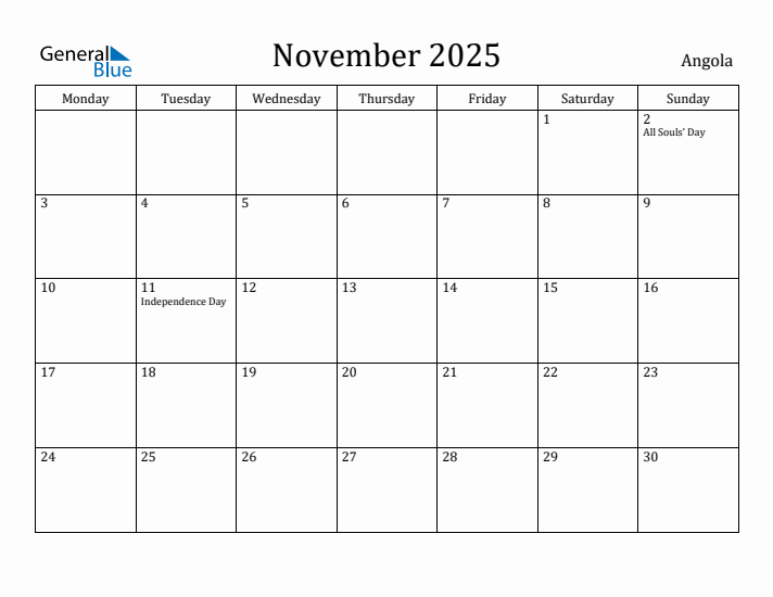 November 2025 Calendar Angola