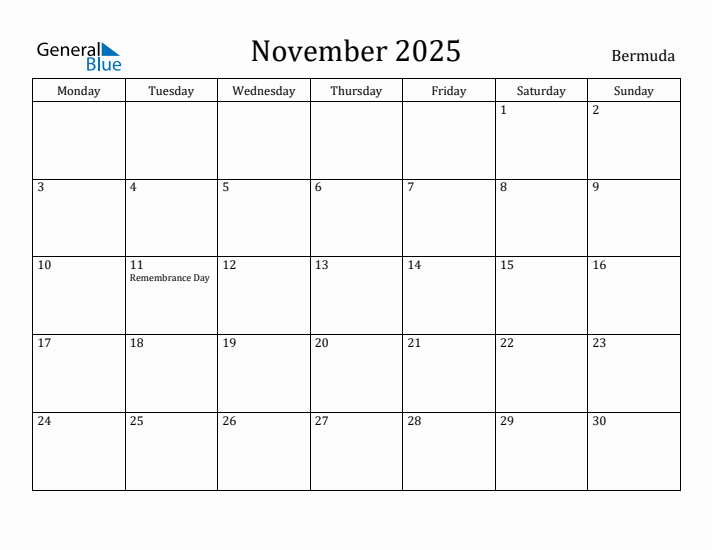 November 2025 Calendar Bermuda