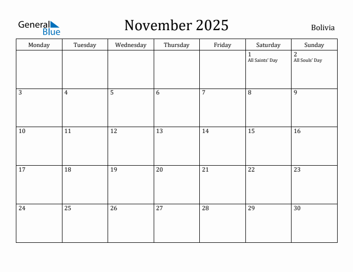 November 2025 Calendar Bolivia