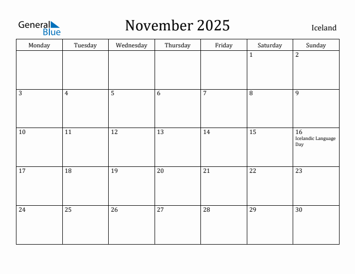 November 2025 Calendar Iceland