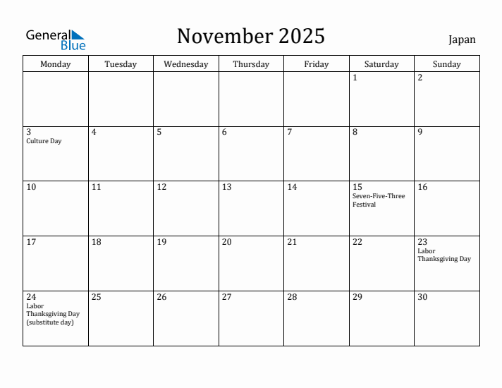 November 2025 Calendar Japan