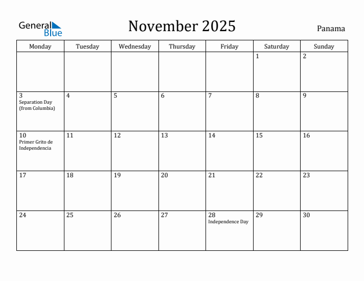 November 2025 Calendar Panama